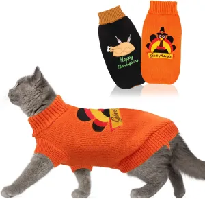 2 Packs Knitted Cat Sweater Thanksgiving Turtleneck Turkey Kitty Sweater Kitten Pet Cat Sweaters for Cats Only Warm Pullover Knitwear