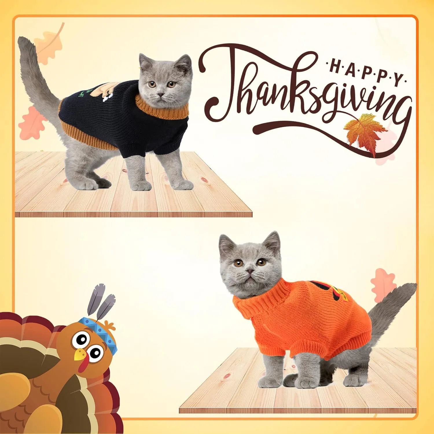 2 Packs Knitted Cat Sweater Thanksgiving Turtleneck Turkey Kitty Sweater Kitten Pet Cat Sweaters for Cats Only Warm Pullover Knitwear