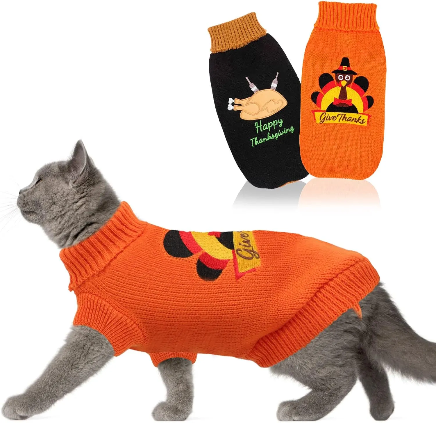 2 Packs Knitted Cat Sweater Thanksgiving Turtleneck Turkey Kitty Sweater Kitten Pet Cat Sweaters for Cats Only Warm Pullover Knitwear