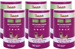 4 inch Lint Roller Refills Only Compatible with Scotch-Brite Pet Hair Pickup Extra Sticky Lint Roller for Couches Clothes and More 90 Sheets per Refill 6 Pack 540 Easy-Tear Adhesive Sheets Total