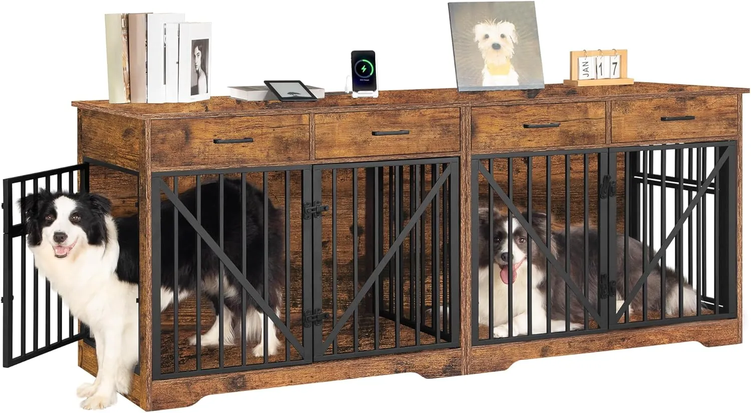 77.2" Dog Crate Furniture TV Stand for 2 Dogs, Metal Dog Kennel Furniture with 4 Drawers, XXL Heavy Duty Dog Cage with Charging Station for Mediun Large Dogs, Rustic Brown DFC83001B
