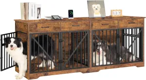 77.2" Dog Crate Furniture TV Stand for 2 Dogs, Metal Dog Kennel Furniture with 4 Drawers, XXL Heavy Duty Dog Cage with Charging Station for Mediun Large Dogs, Rustic Brown DFC83001B