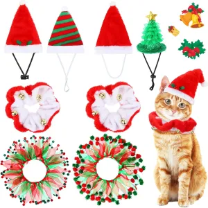 Abbylike 8 Pcs Cat Christmas Costume Suit Tutu Collar and Green Shiny Hat Outfit Santa Christmas Cat Collar with Bell Hat and Collar Kitten Outfit Clothing for Puppy Dog Gift