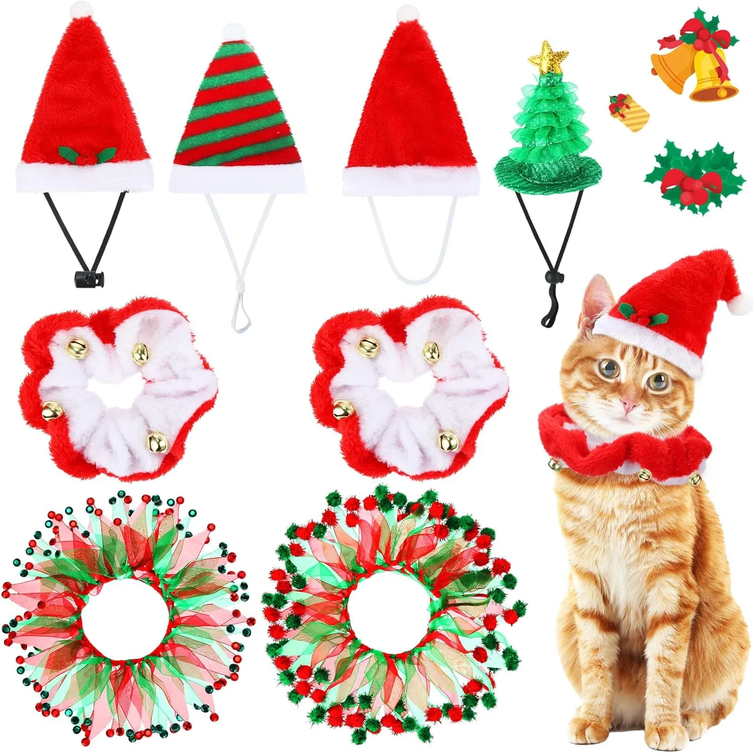 Abbylike 8 Pcs Cat Christmas Costume Suit Tutu Collar and Green Shiny Hat Outfit Santa Christmas Cat Collar with Bell Hat and Collar Kitten Outfit Clothing for Puppy Dog Gift
