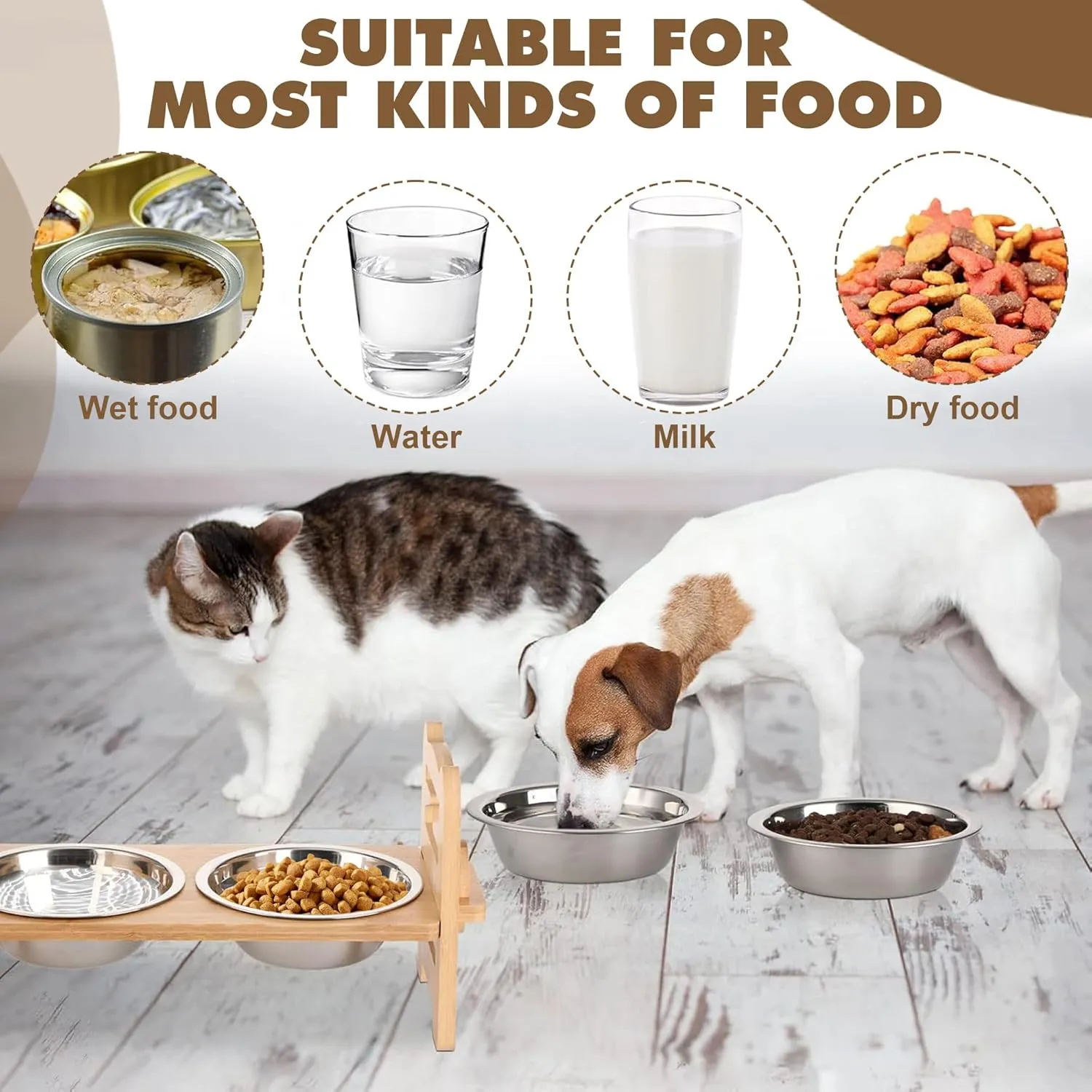 Adjustable Elevated Dog Bowls Raised Dog Bowl Natural Bamboo Stand with 2 Stainless Steel Dog Food Bowls Non-Slip Dog Feeder for Small Dogs and Cats