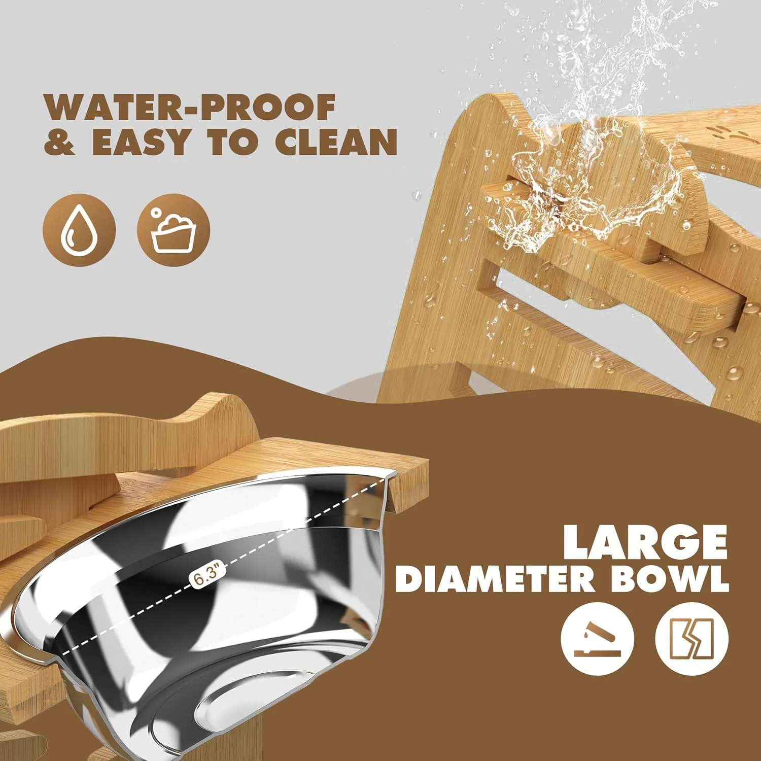 Adjustable Elevated Dog Bowls Raised Dog Bowl Natural Bamboo Stand with 2 Stainless Steel Dog Food Bowls Non-Slip Dog Feeder for Small Dogs and Cats