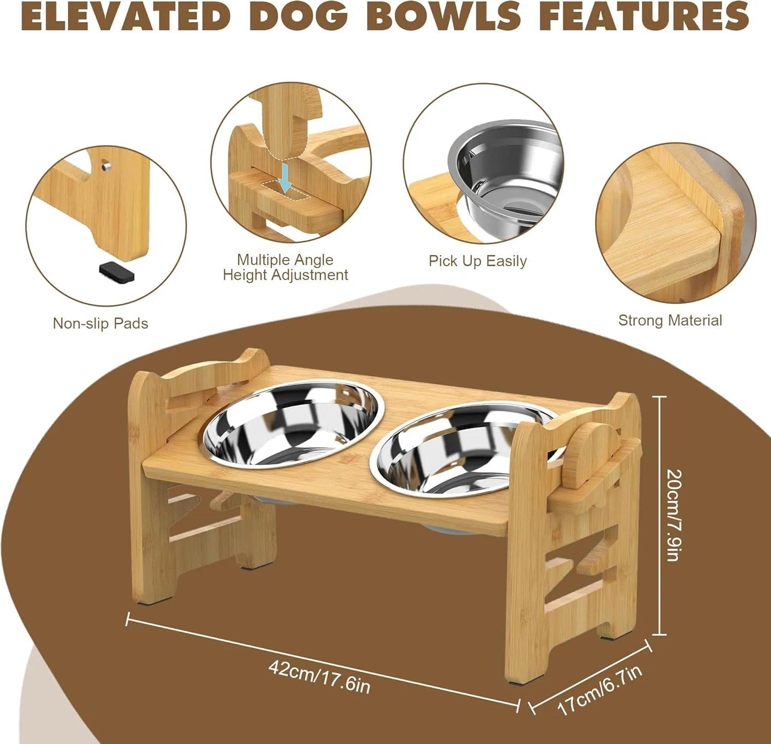 Adjustable Elevated Dog Bowls Raised Dog Bowl Natural Bamboo Stand with 2 Stainless Steel Dog Food Bowls Non-Slip Dog Feeder for Small Dogs and Cats