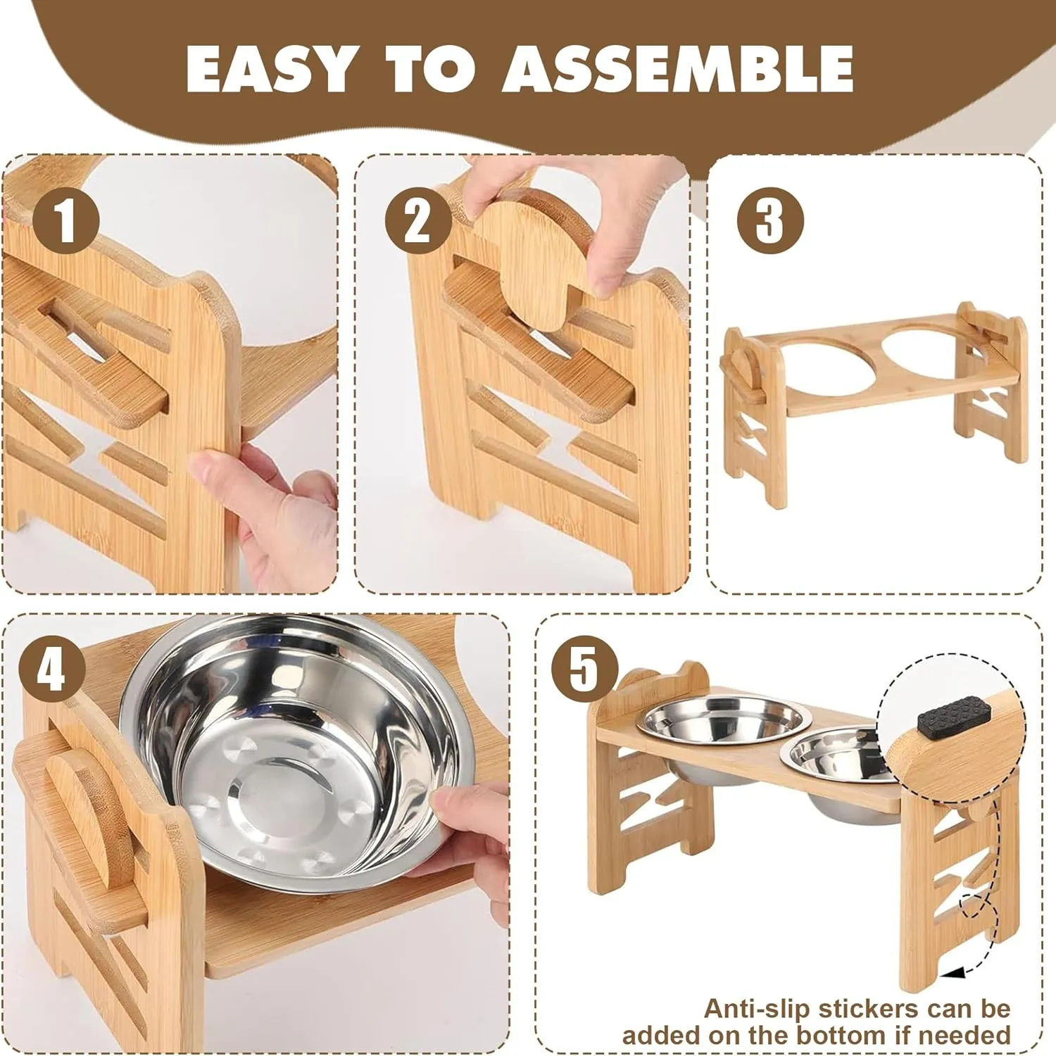Adjustable Elevated Dog Bowls Raised Dog Bowl Natural Bamboo Stand with 2 Stainless Steel Dog Food Bowls Non-Slip Dog Feeder for Small Dogs and Cats
