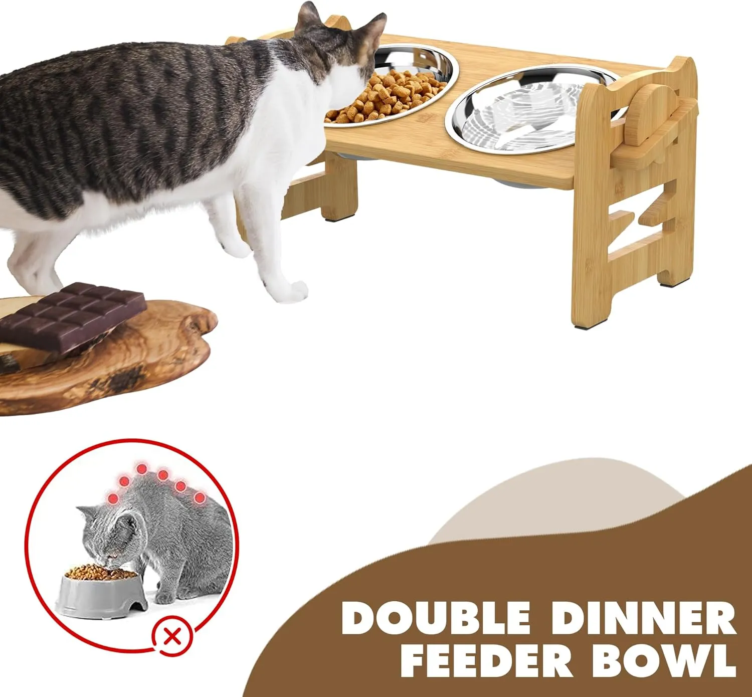 Adjustable Elevated Dog Bowls Raised Dog Bowl Natural Bamboo Stand with 2 Stainless Steel Dog Food Bowls Non-Slip Dog Feeder for Small Dogs and Cats