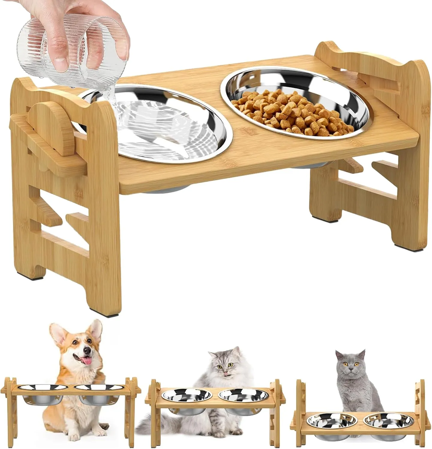 Adjustable Elevated Dog Bowls Raised Dog Bowl Natural Bamboo Stand with 2 Stainless Steel Dog Food Bowls Non-Slip Dog Feeder for Small Dogs and Cats