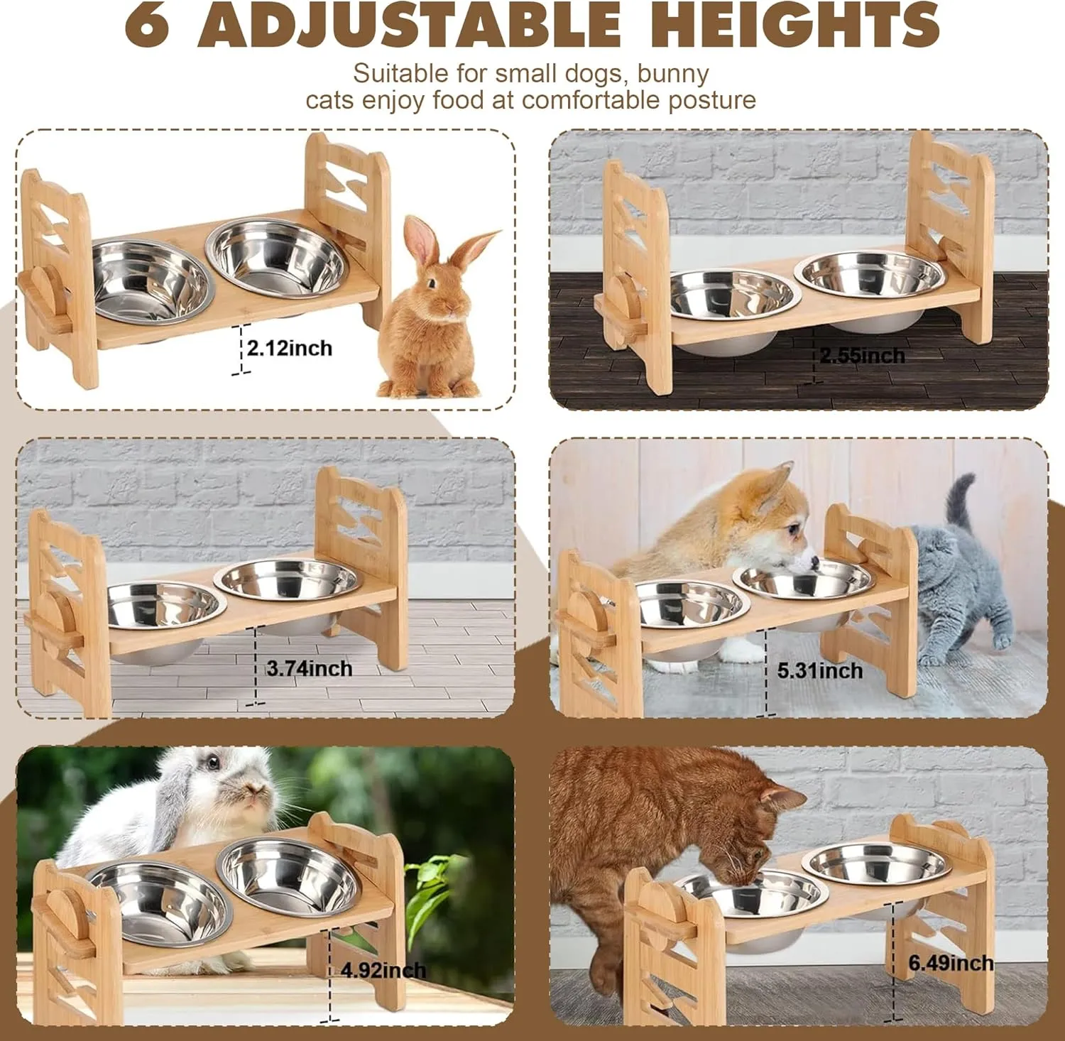 Adjustable Elevated Dog Bowls Raised Dog Bowl Natural Bamboo Stand with 2 Stainless Steel Dog Food Bowls Non-Slip Dog Feeder for Small Dogs and Cats