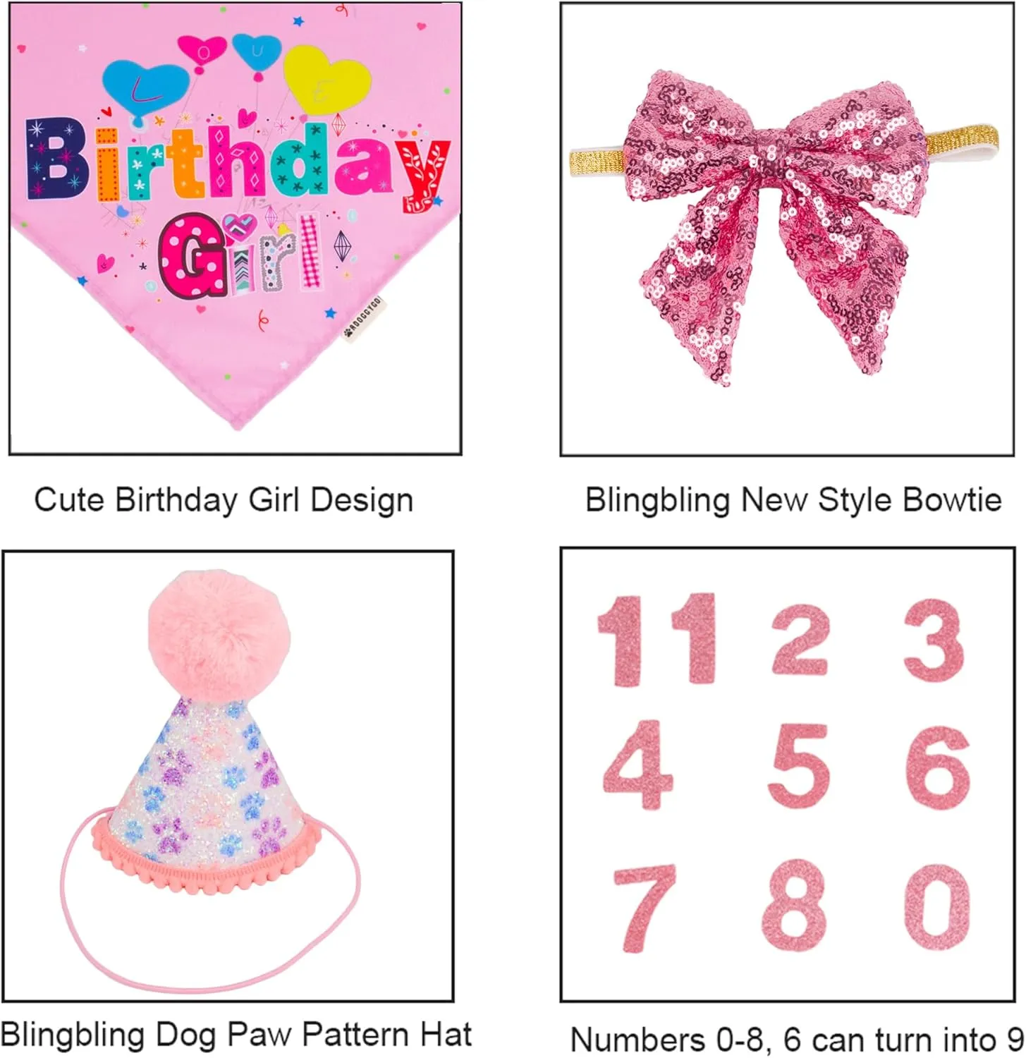 ADOGGYGO Dog Birthday Party Supplies, Pink Girl Puppy Birthday Bandana Hat Numbers Bow Set for Small Dogs Pets (Small)