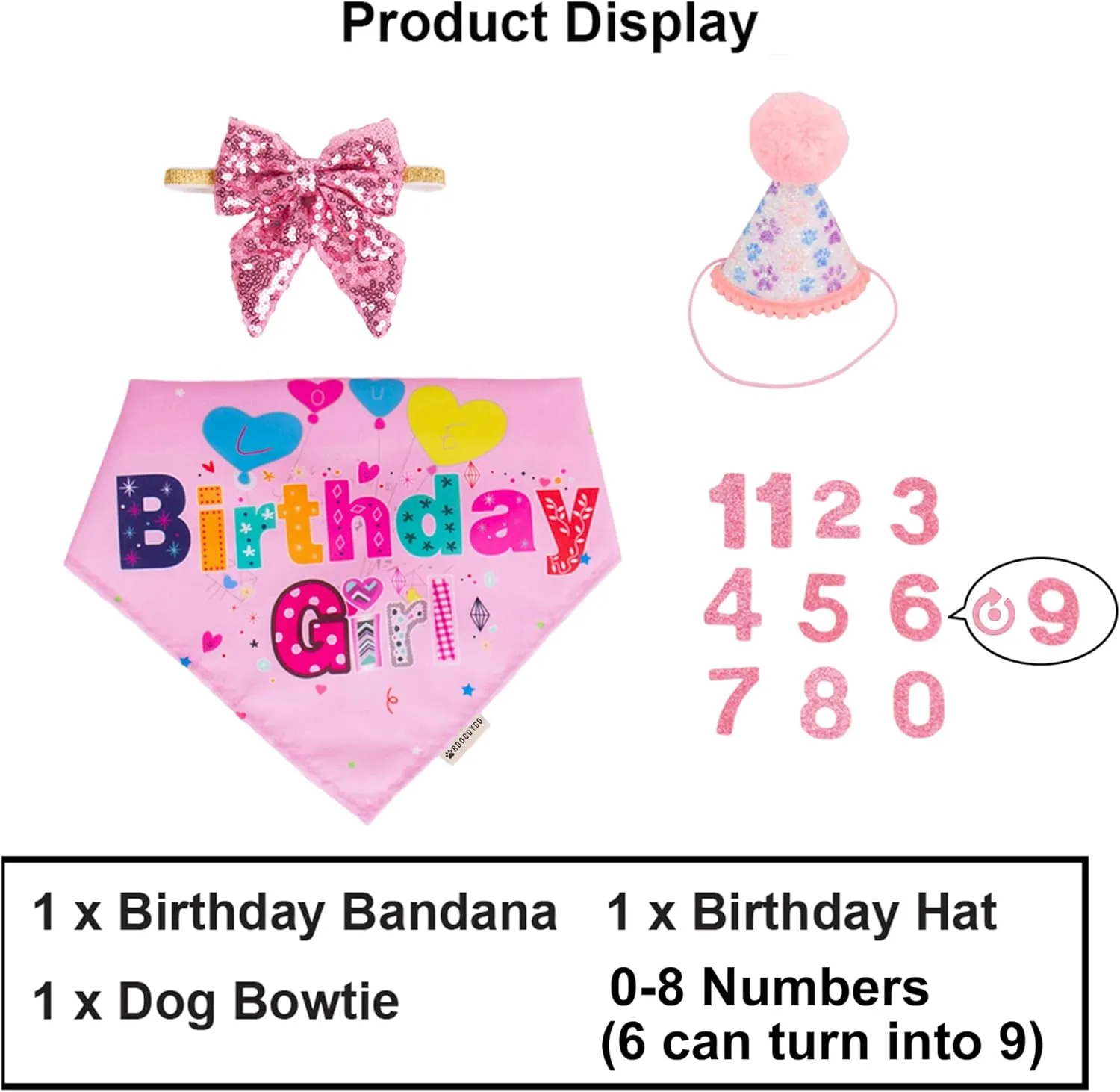 ADOGGYGO Dog Birthday Party Supplies, Pink Girl Puppy Birthday Bandana Hat Numbers Bow Set for Small Dogs Pets (Small)