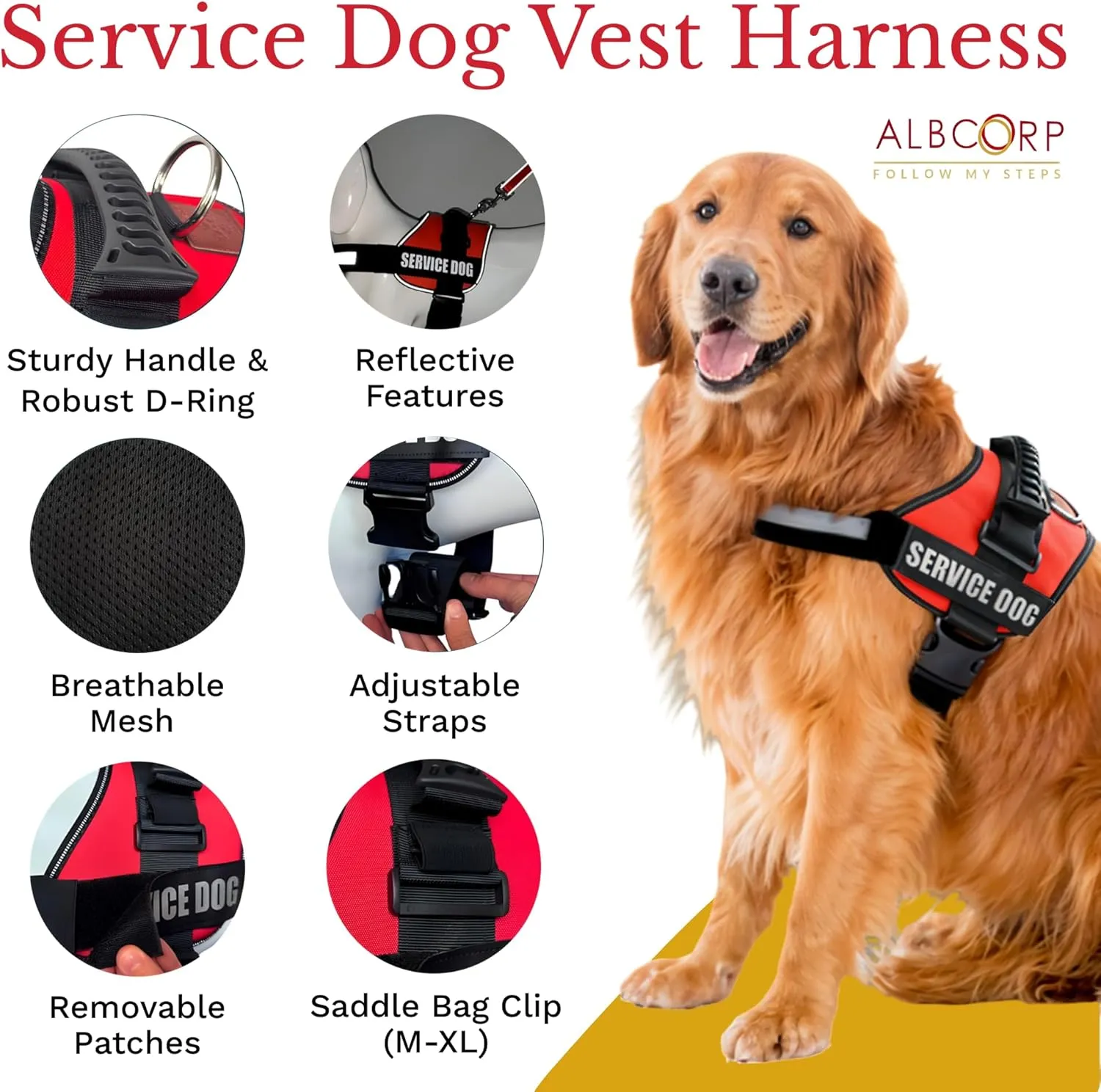 ALBCORP Reflective Service Dog Vest Harness  No-Pull Harness with Handle & Comfy Mesh Padding  Available in Sizes XXS-XL with 2 Removable Hook & Loop Service Dog Patches, Extra Small, Black
