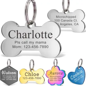 Anavia Personalized Pet ID Tags, Stainless Steel Glossy Laser Engraved Dog Cat Collar Name Tags, Multiple Colors Shapes Sizes (Bone, Small)