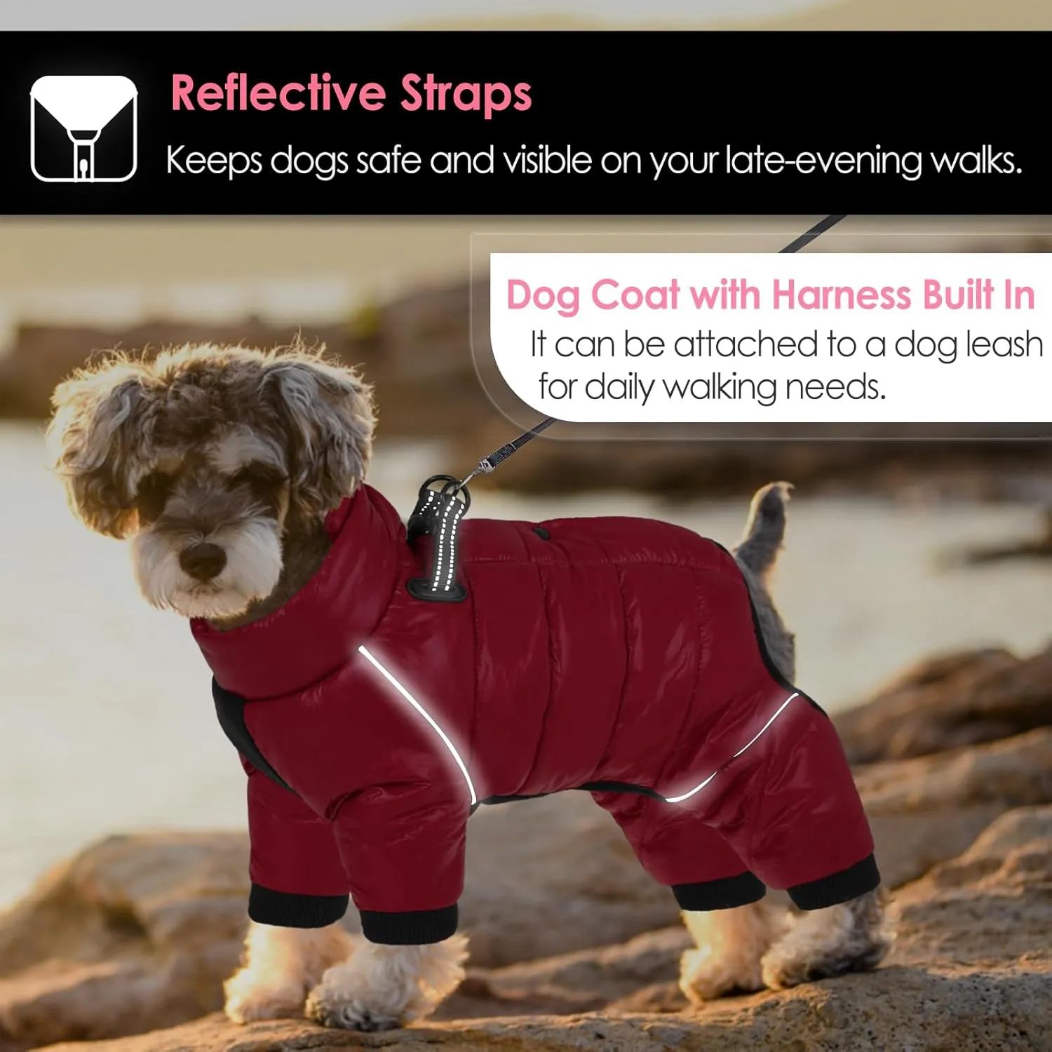 AOFITEE Waterproof Coat for Winter, Warm Fullbody Snowsuit, Zip Up Fleece Vest, Cold Weather Jacket With Reflective Stripes, Outdoor Windproof Apparel for Small Dogs, S