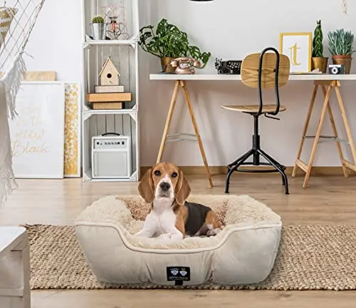 Bessie   Barnie Bolster Dog Bed - Extra Plush Faux Fur Dog Bed - Rectangle Soft Dog Bed - Calming Dog Bed - Durable and Washable, Bolster Beige, L - 42" (Bolster-BE-LG)