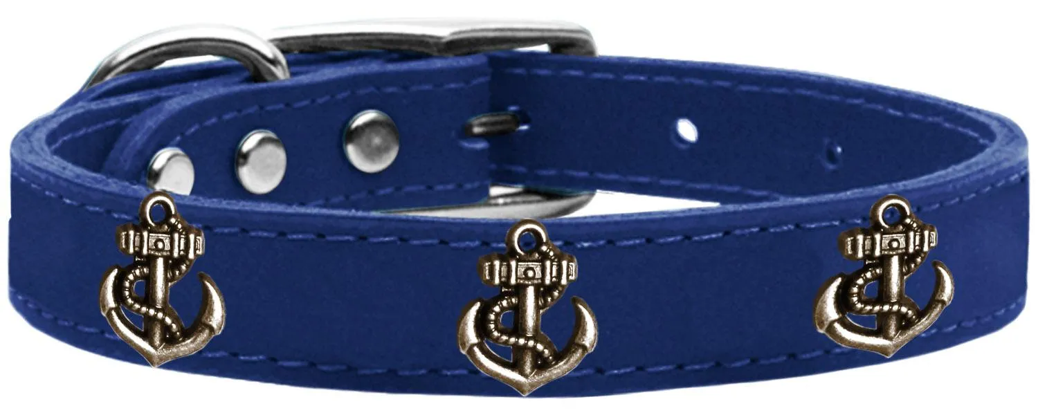 Bronze Anchor Widget Genuine Leather Dog Collar Blue 24