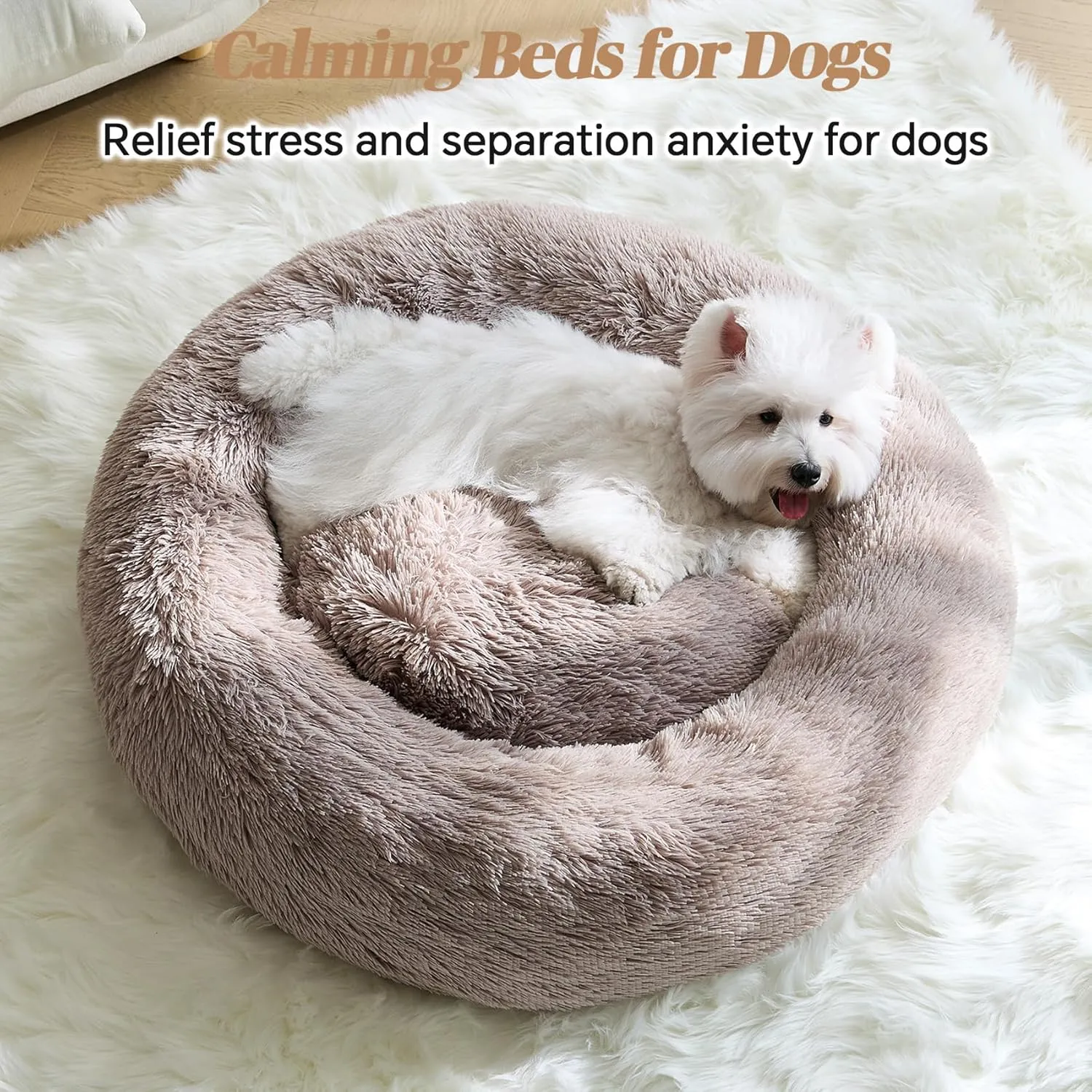 Calming Small Dog Bed, Donut Fluffy Anti-Anxiety Round Washable Cute Bed, Plush Cozy Cuddler Warming Soft Comfort Pet Bed for Small Medium Dogs Cats, 20inch,Brown