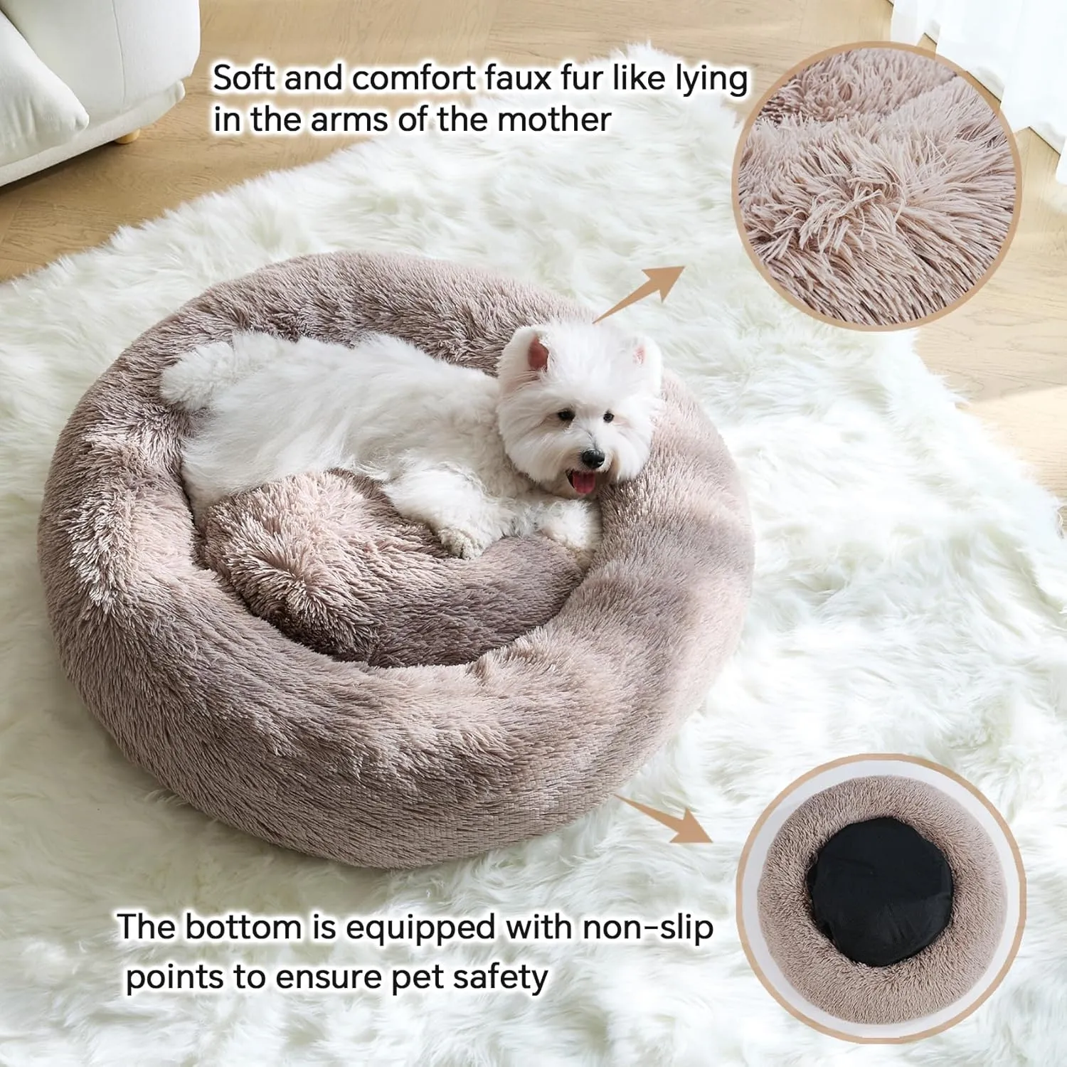 Calming Small Dog Bed, Donut Fluffy Anti-Anxiety Round Washable Cute Bed, Plush Cozy Cuddler Warming Soft Comfort Pet Bed for Small Medium Dogs Cats, 20inch,Brown