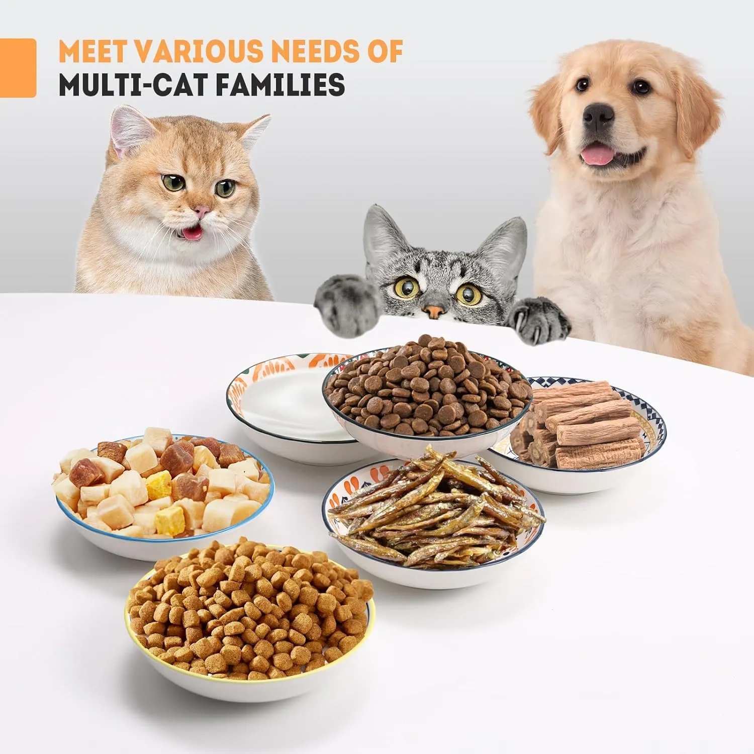 Cat Food Bowls for Indoor, Set of 6 Ceramic Cat Bowls, Whisker Fatigue Cat Bowls, Cat Dishes for Food and Water, Kitten Bowls, Cute Cat Bowls, Shallow Cat Plates for wet food, 5.5 Inches