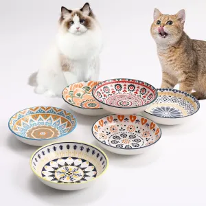 Cat Food Bowls for Indoor, Set of 6 Ceramic Cat Bowls, Whisker Fatigue Cat Bowls, Cat Dishes for Food and Water, Kitten Bowls, Cute Cat Bowls, Shallow Cat Plates for wet food, 5.5 Inches