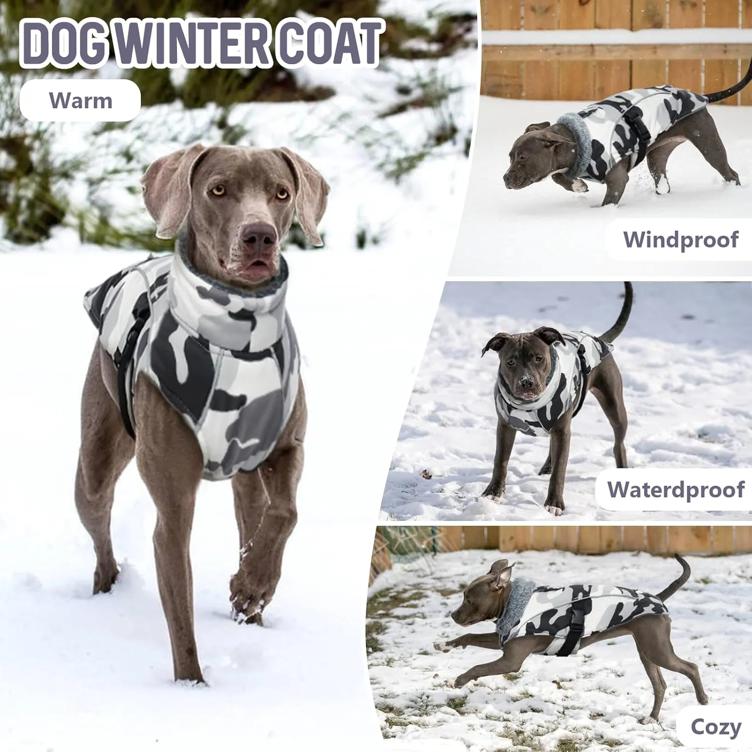 DENTRUN Dog Winter Warm Coat - Windproof Cozy Jacket, Thick Fleece Vest, Water Repellent, Reflective, with Harness/Leash Hole for Small to Large Dogs