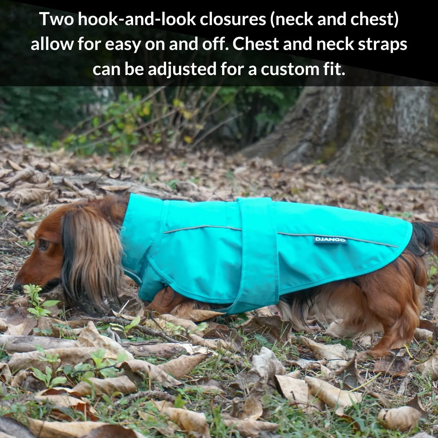 DJANGO City Slicker Waterproof Dog Raincoat and Lightweight Jacket for Long Dogs - Full Coverage Puppy Coat and Reflective Rain Slicker and Windbreaker - Adjustable with Harness Hole (Blue, Large)