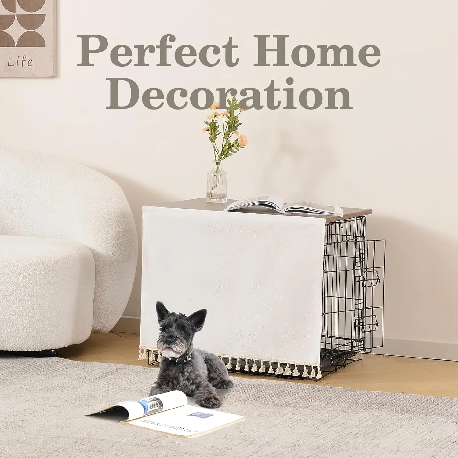 Dog Crate Topper Wood for 24 30 36 42 48 inch Cages, Dog Crate Table Topper Foldable Dog Kennel Topper with Tassel Curtain, Rustic Style Top Rustic Brown(Crate Not Include)