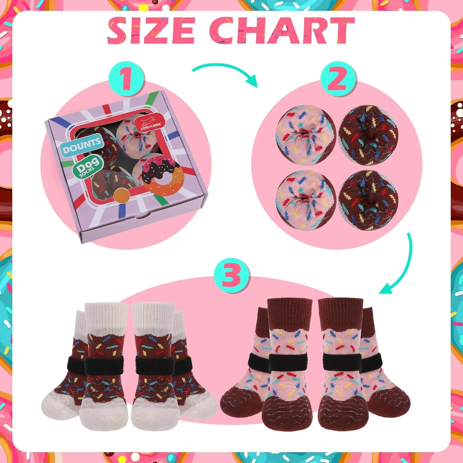 EXPAWLORER 8 Pcs Donut Dog Socks with Gift Box,Dog Boots & Paw Protectors in Winter,Dog Booties for Hardwood Floor Anti Slip,Prevent Licking Paws,Dog Shoes for Small Medium Large Senior Dogs
