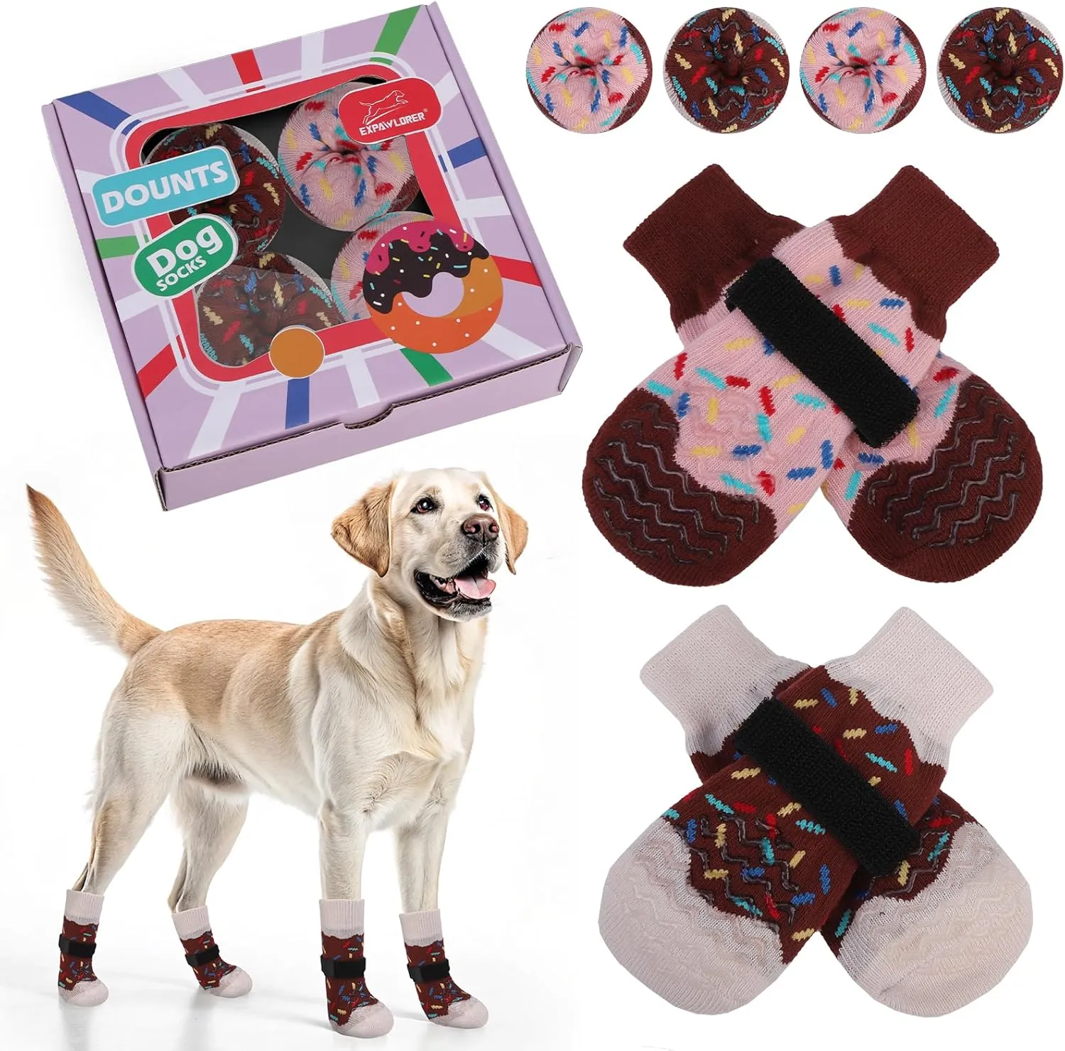 EXPAWLORER 8 Pcs Donut Dog Socks with Gift Box,Dog Boots & Paw Protectors in Winter,Dog Booties for Hardwood Floor Anti Slip,Prevent Licking Paws,Dog Shoes for Small Medium Large Senior Dogs