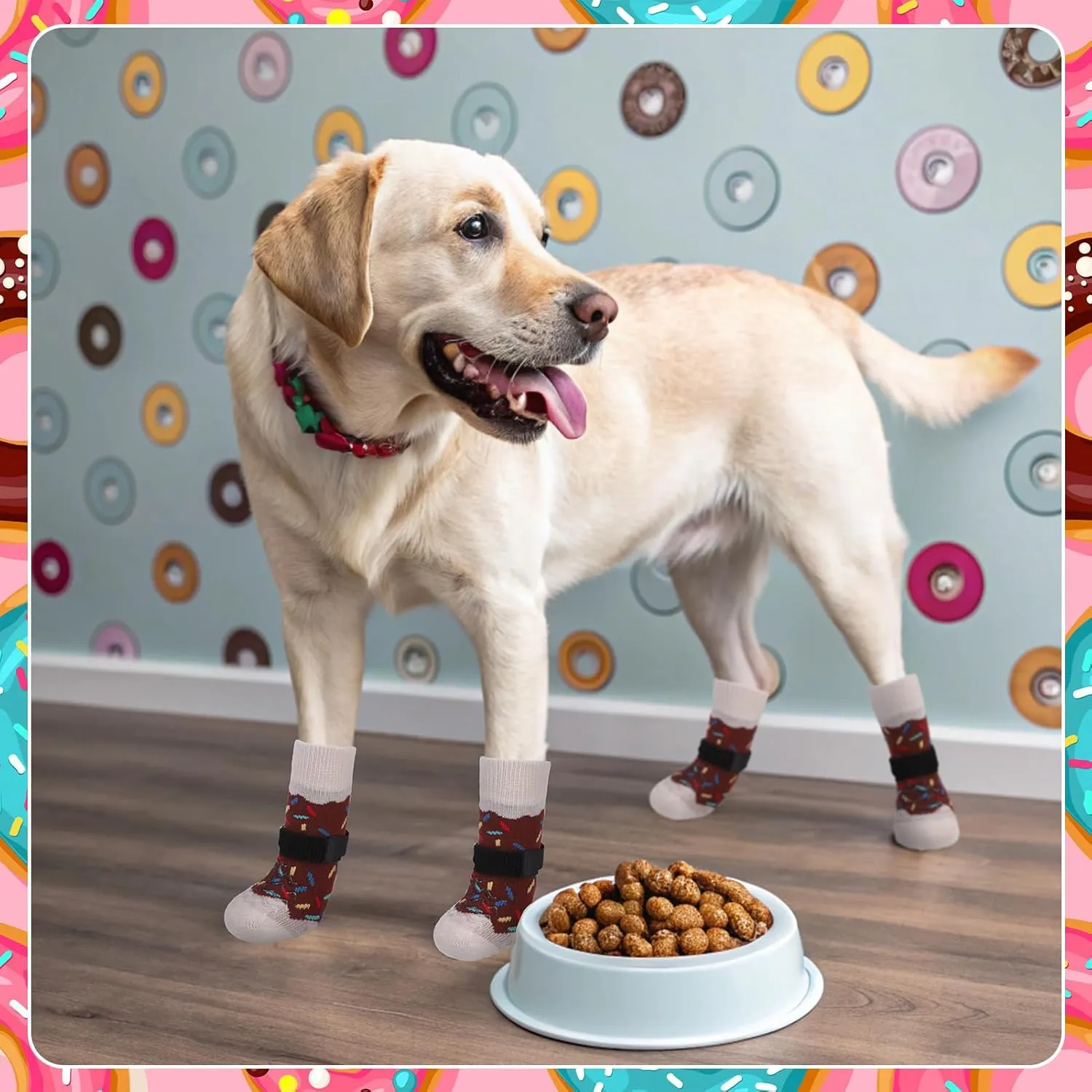 EXPAWLORER 8 Pcs Donut Dog Socks with Gift Box,Dog Boots & Paw Protectors in Winter,Dog Booties for Hardwood Floor Anti Slip,Prevent Licking Paws,Dog Shoes for Small Medium Large Senior Dogs
