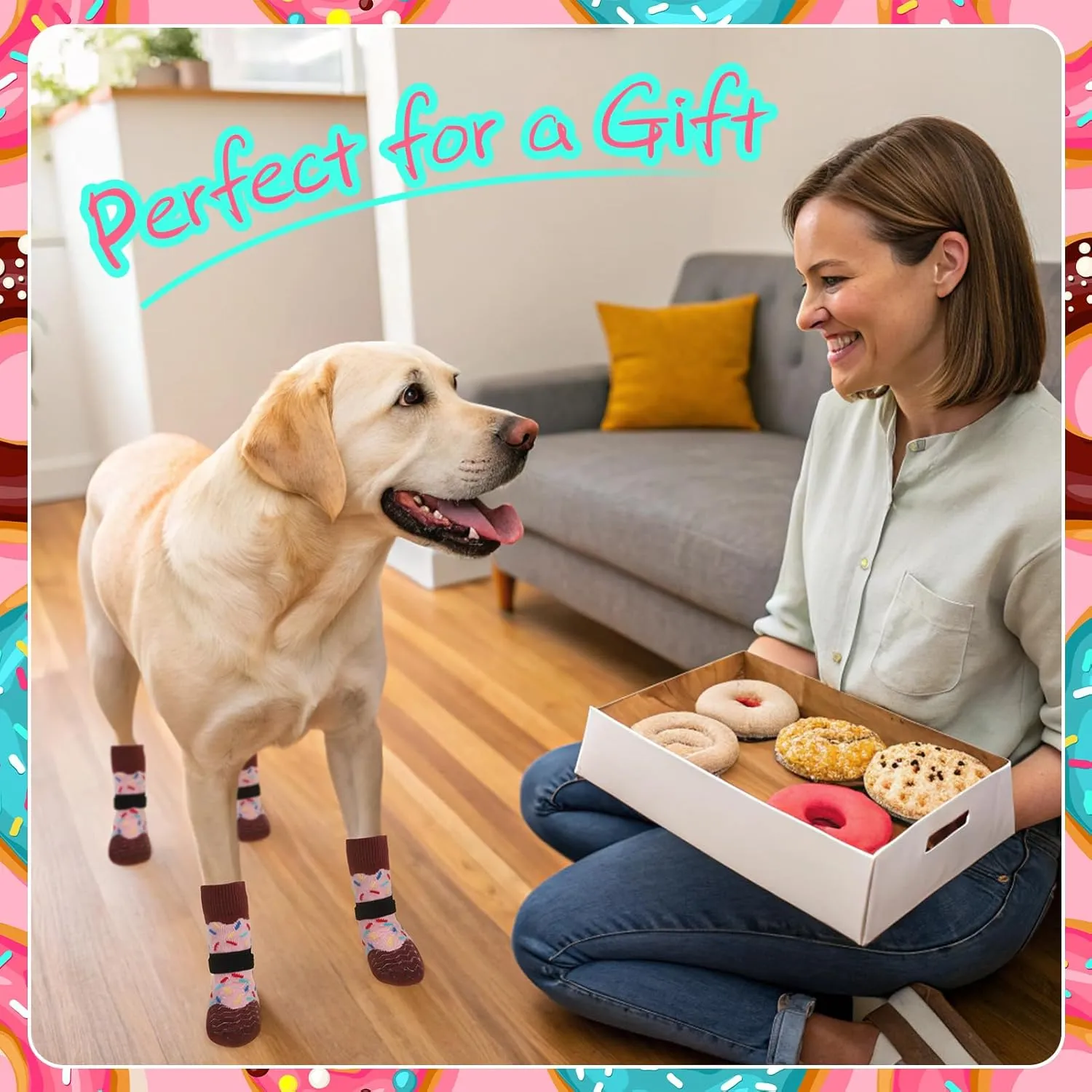 EXPAWLORER 8 Pcs Donut Dog Socks with Gift Box,Dog Boots & Paw Protectors in Winter,Dog Booties for Hardwood Floor Anti Slip,Prevent Licking Paws,Dog Shoes for Small Medium Large Senior Dogs