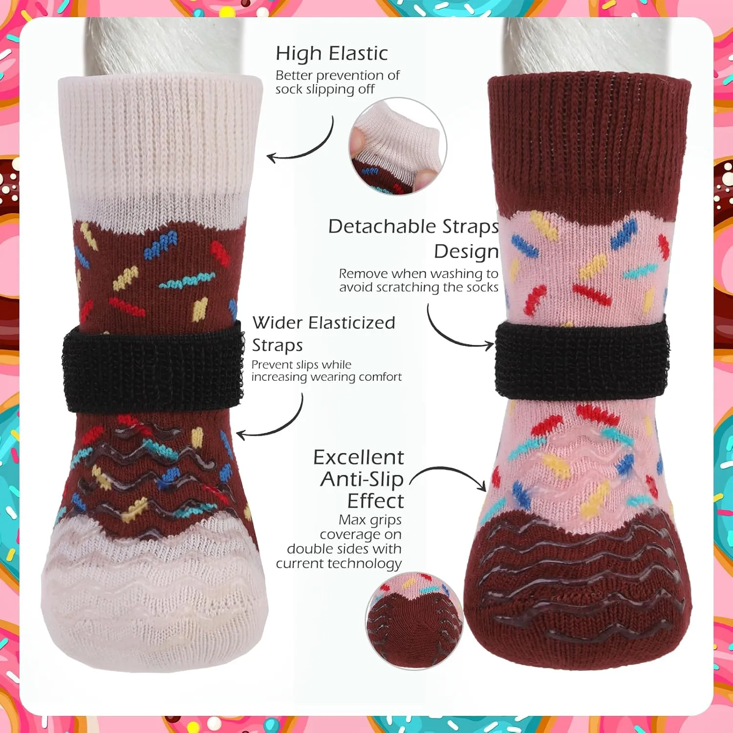 EXPAWLORER 8 Pcs Donut Dog Socks with Gift Box,Dog Boots & Paw Protectors in Winter,Dog Booties for Hardwood Floor Anti Slip,Prevent Licking Paws,Dog Shoes for Small Medium Large Senior Dogs