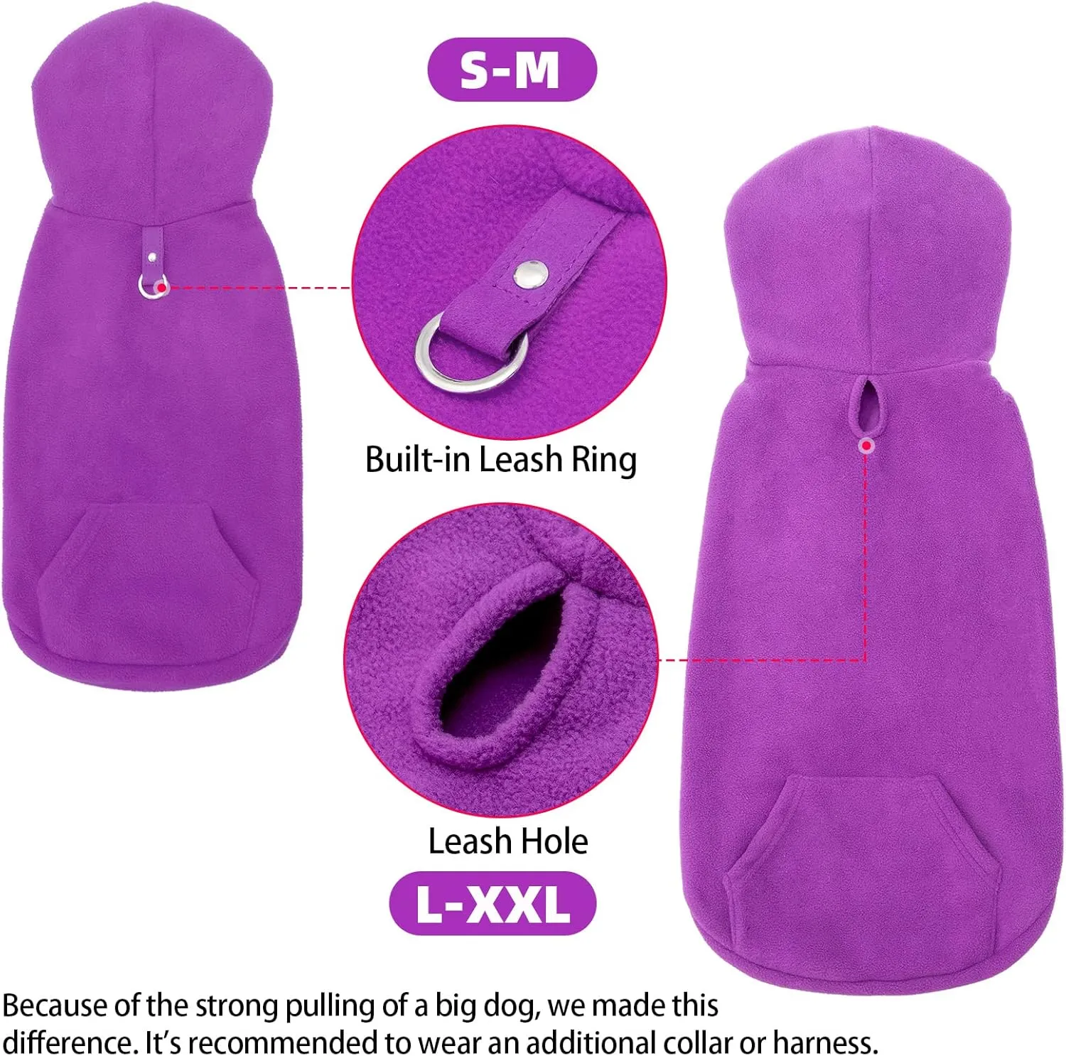 EXPAWLORER Dog Hoodie with Pocket, Polar Fleece Dog Sweatshirt Fall Cold Winter Sleeveless Sweater with Hood, Warm Cozy Pet Clothes for Small to Large Dogs Boys and Girls (Purple, L)