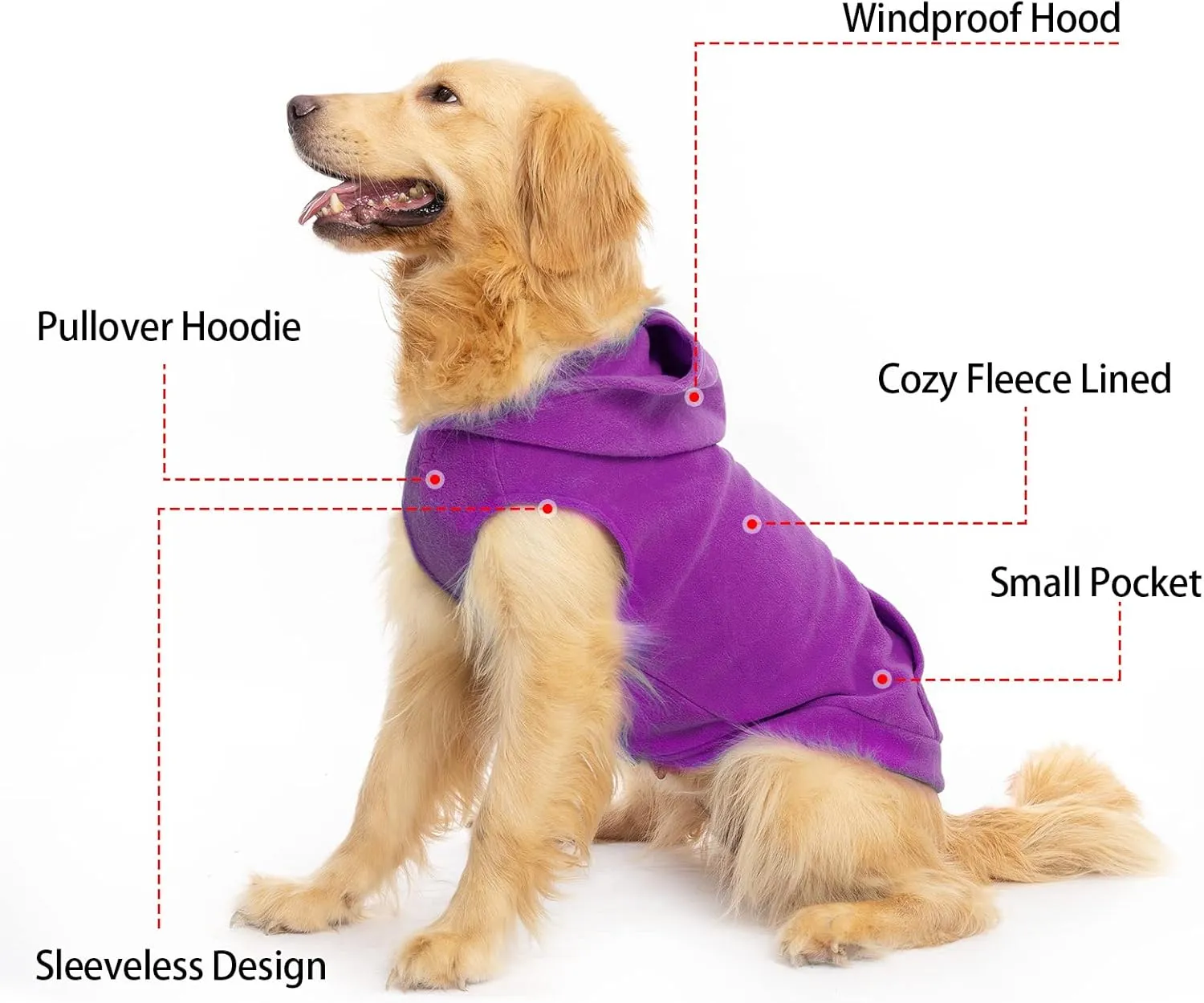 EXPAWLORER Dog Hoodie with Pocket, Polar Fleece Dog Sweatshirt Fall Cold Winter Sleeveless Sweater with Hood, Warm Cozy Pet Clothes for Small to Large Dogs Boys and Girls (Purple, L)