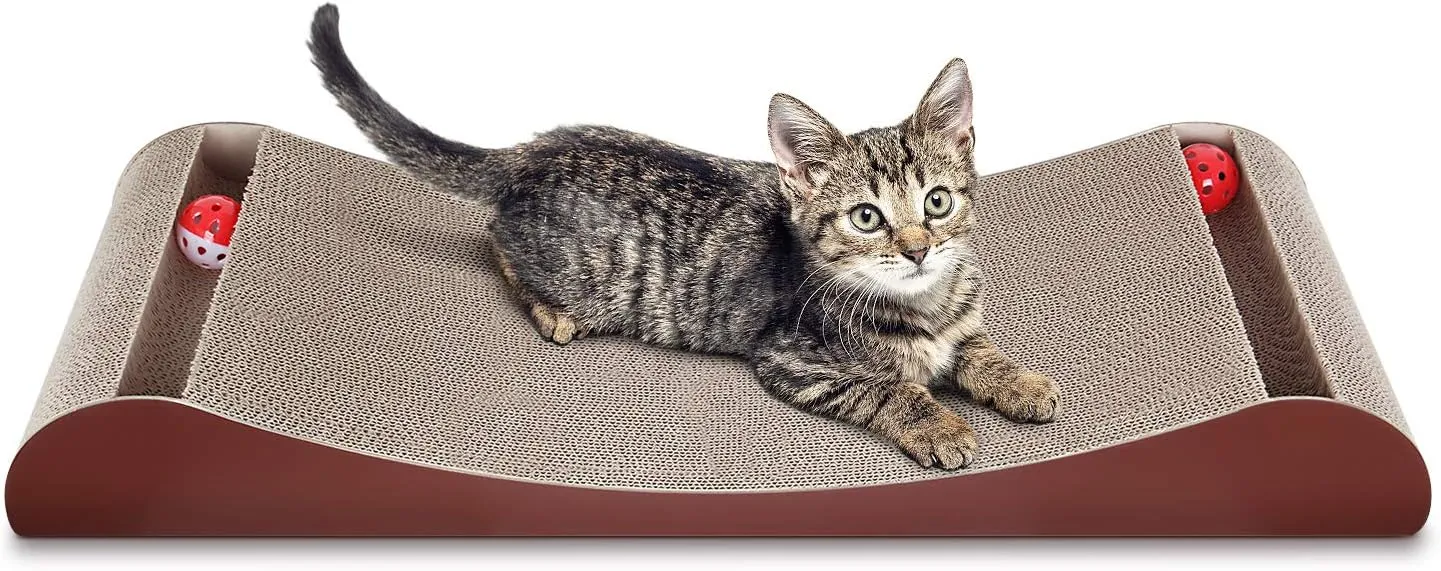 FluffyDream Cat Scratcher Cardboard, Scratching Pad House Bed Furniture Protector, Infinity Shape, Curved (Brown, Bone   Bell)