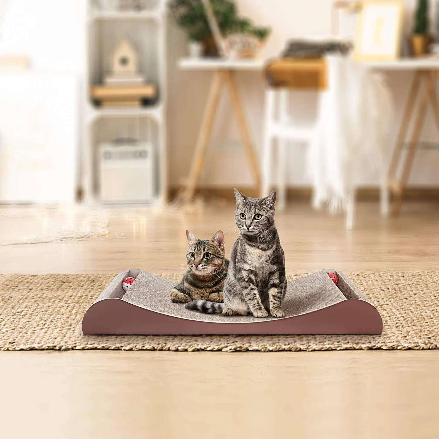 FluffyDream Cat Scratcher Cardboard, Scratching Pad House Bed Furniture Protector, Infinity Shape, Curved (Brown, Bone   Bell)