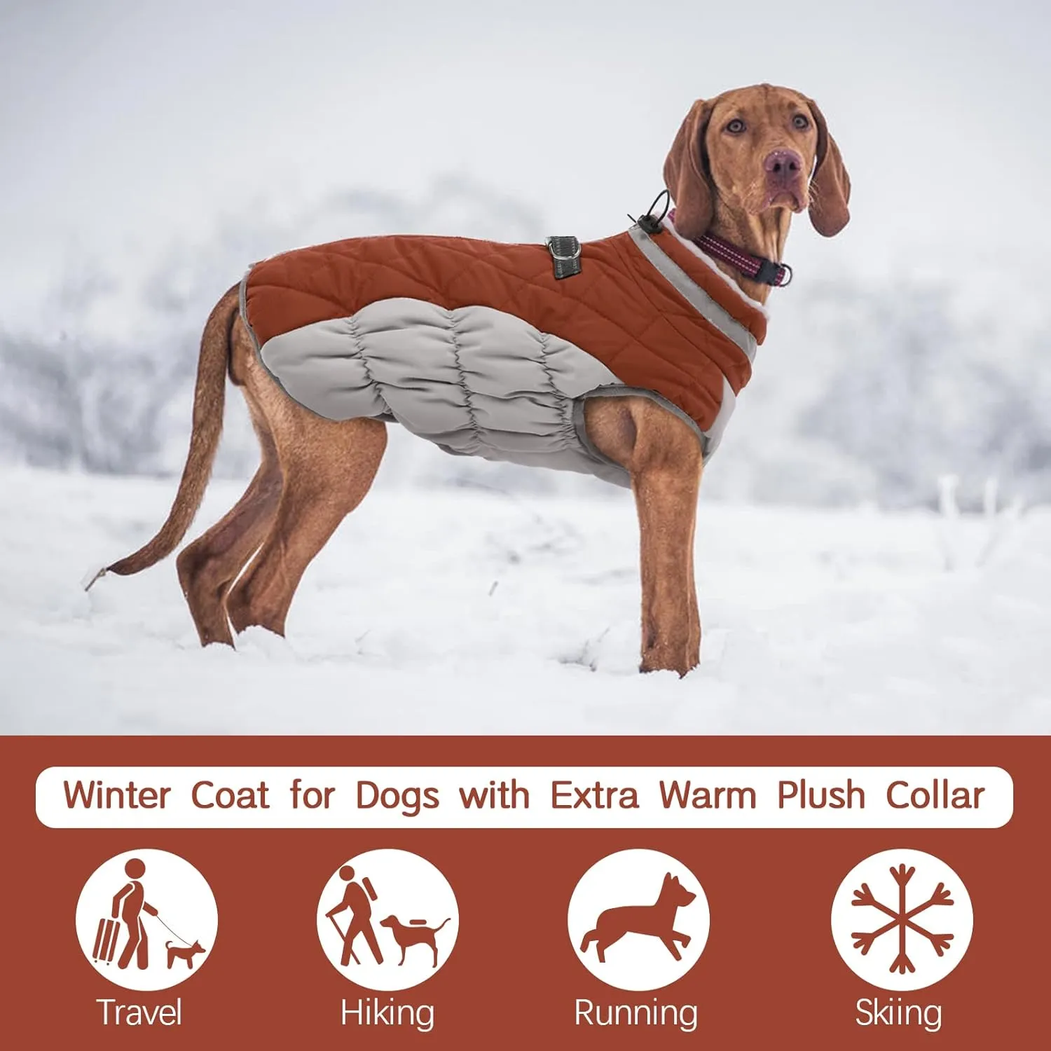 FUAMEY Warm Dog Jacket, Winter Coat with Padded Fleece, Reflective Vest, Built-in Harness, Waterproof & Windproof, Brown Large
