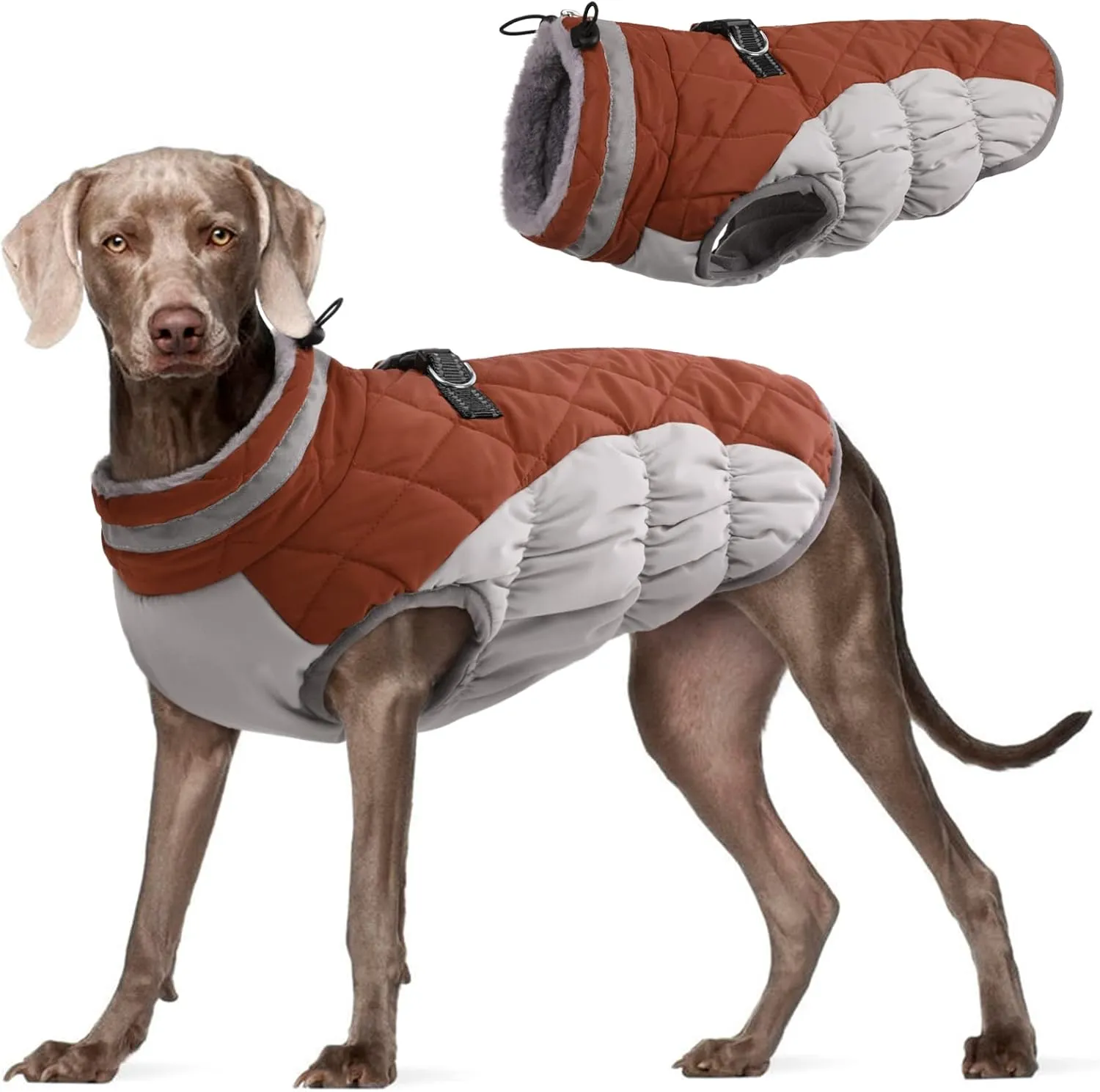 FUAMEY Warm Dog Jacket, Winter Coat with Padded Fleece, Reflective Vest, Built-in Harness, Waterproof & Windproof, Brown Large