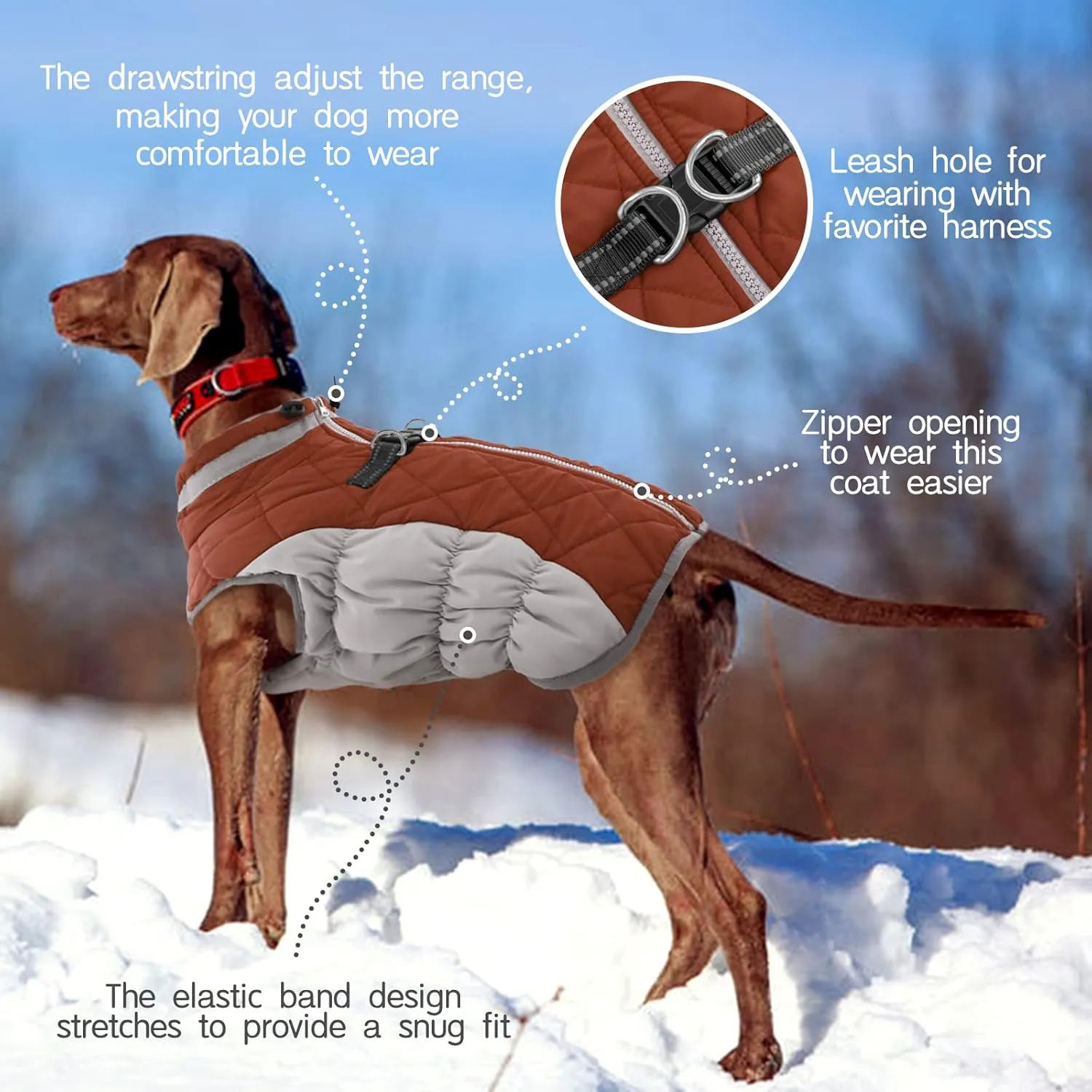 FUAMEY Warm Dog Jacket, Winter Coat with Padded Fleece, Reflective Vest, Built-in Harness, Waterproof & Windproof, Brown Large