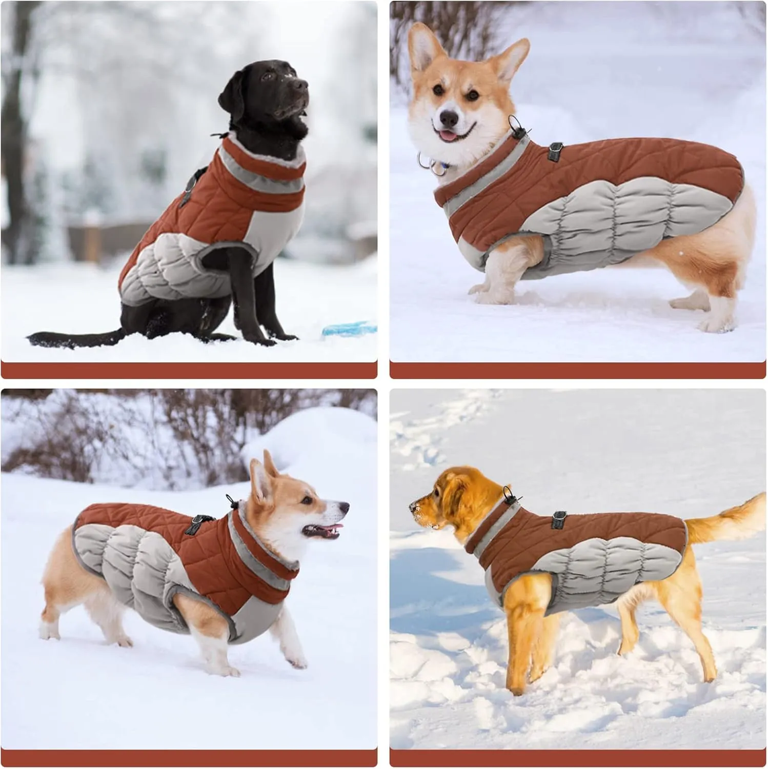 FUAMEY Warm Dog Jacket, Winter Coat with Padded Fleece, Reflective Vest, Built-in Harness, Waterproof & Windproof, Brown Large