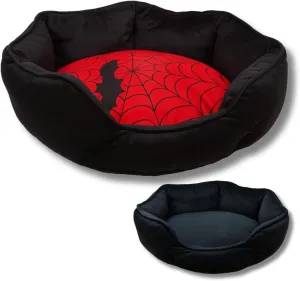 Gothic Cat Bed, 20 Inches Reversible Red and Black Cat Bed for Indoor Cats, Super Soft Plush Pet Bed with Cozy Spider Web Pillow and Secure Non-Slip Bottom