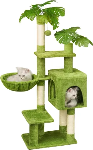 Green Cat Tree for Kittens Under 6 Months 12lbs, 47" Tall for Small Cats,Cat Tower with Scratching Post,1 Hammock & Double Condos, Dangling Toys, Cute Compact Cat Tower for Kittens