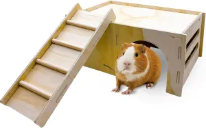 Hamiledyi Wooden Guinea Pig House 2-Chamber Hideout Castle with Ladder for Chinchilla Hedgehog Ferret Squirrel Dwarf Rabbit Bunny Hamster