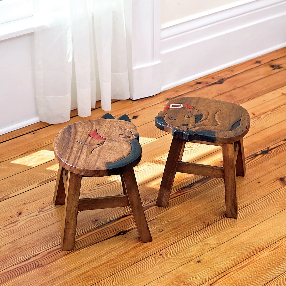 Hand-Carved Acacia Wood Dog Footstool
