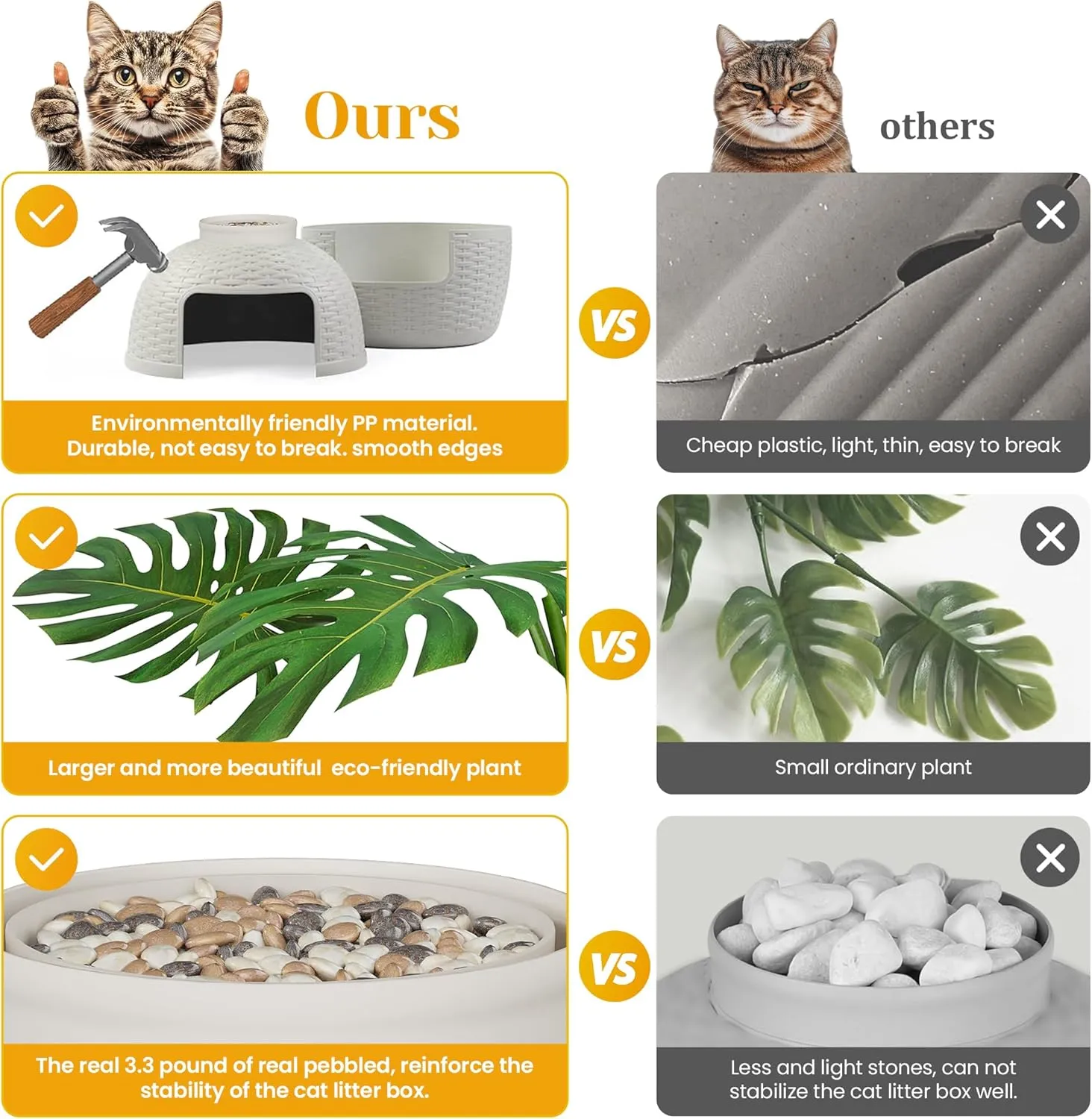 Hidden Litter Box with Faux Plant, Large Cat Litter Box with Rattan Pattern, Heavy Duty PP Material Litter Box Enclosure Furniture for Home Decor, Light Grey
