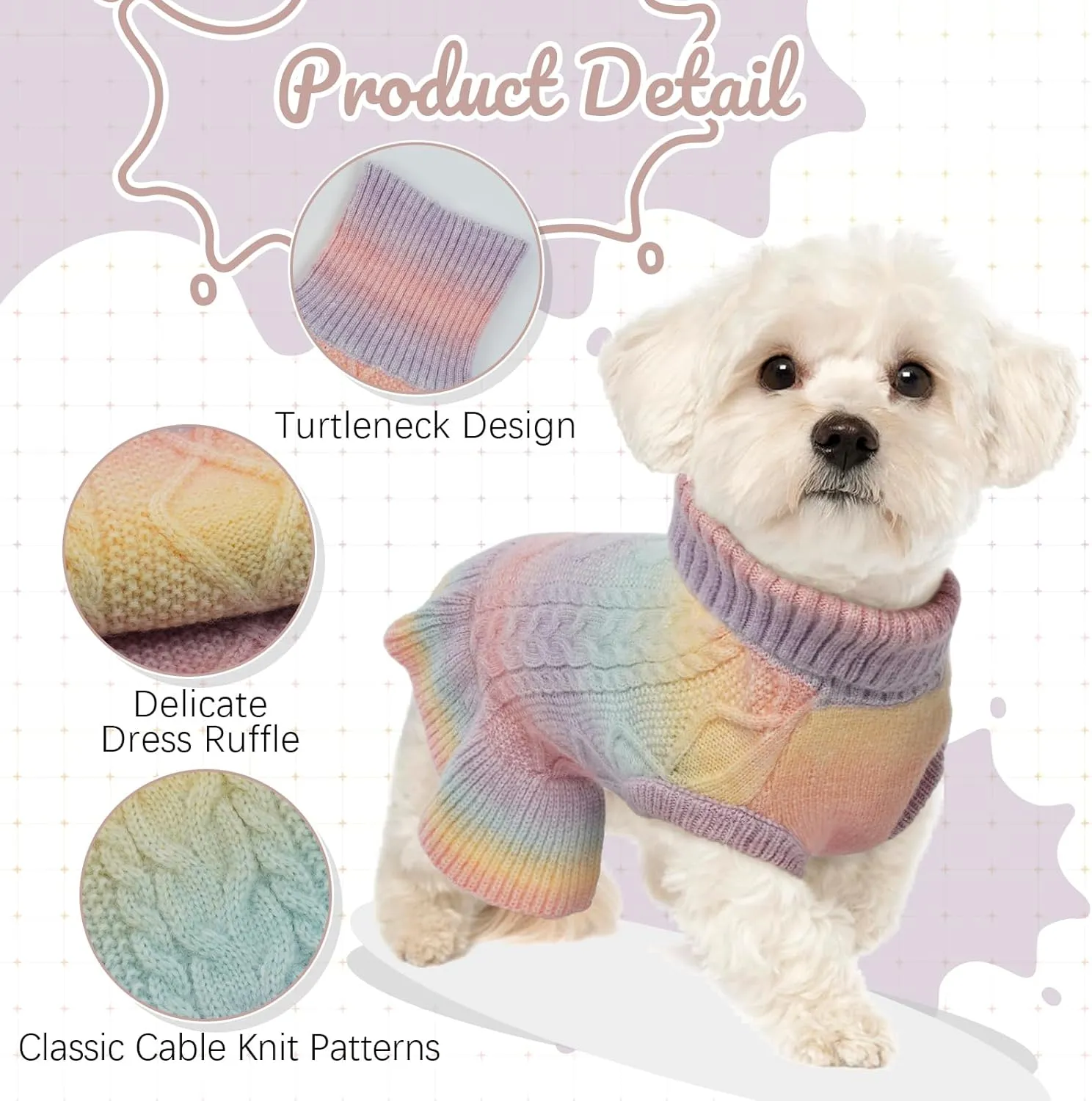 LeLePet Dog Sweater Turtleneck Knitwear Sweatshirt Cable Knit Warm Dress for Small Medium Large Dogs Puppy Fall Clothes, Chihuahua, XS