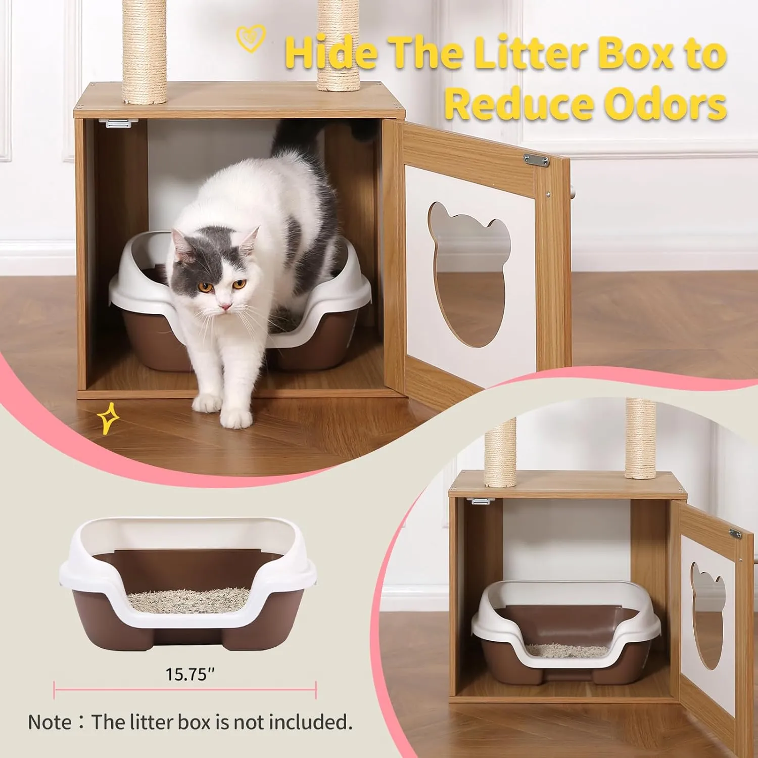 Made4Pets Cat Tree with Litter Box Enclosure, 2-in-1 Modern Cat Tower for Indoor Cats, 48.6" Wood Kitten Condo with Scratching Post and Hammock, Removable Scratch Pad for Large Cats