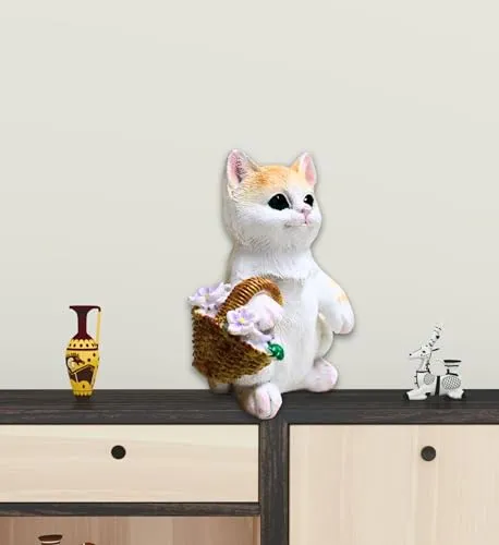 Mini Cat Holding a Basket Statue Miniature for Car Dashboard Decorative Figurines for Home Decor, Showpiece, Living Room Statue